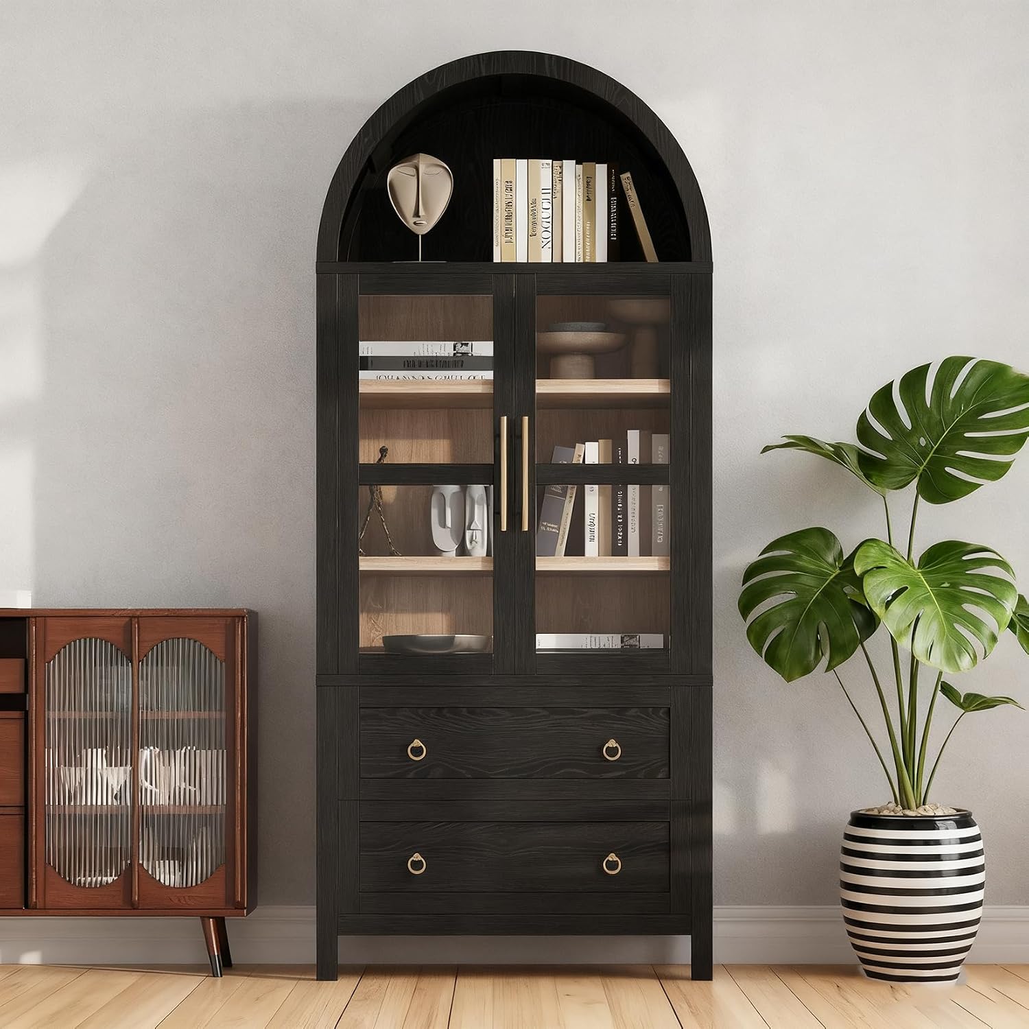 71" Tall Arched Kitchen Pantry, Modern Farmhouse Storage Cabinet with 2 Glass Doors, Adjustable Shelves, Rustic Wood Cupboard with 2 Drawers for Kitchen, Dining Room, Black