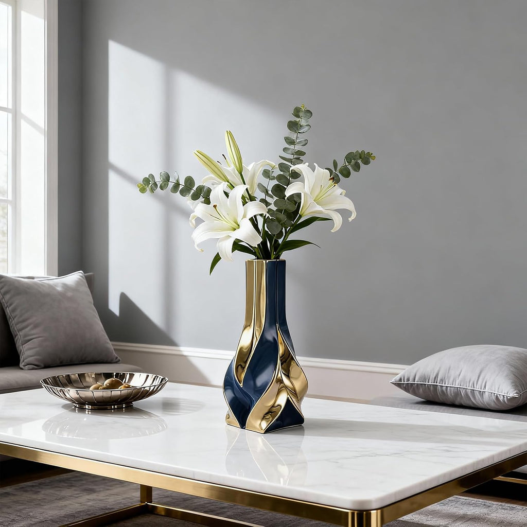 10.6" Blue and Gold Ceramic Vase, Modern Geometric Flower Vase for Dining Table Centerpiece, Elegant Decorative Vase for Pampas Grass, Living Room, Bedroom, Office, Tabletop Decoration