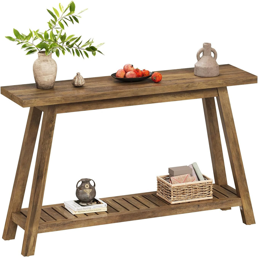 47.2" Farmhouse Entryway Table, 2-Tier Modern Wooden Console Sofa Table with Open Storage, Long Narrow Accent Table for Entrance, Foyer, Hallway, Living Room & Behind Couch (Brown)