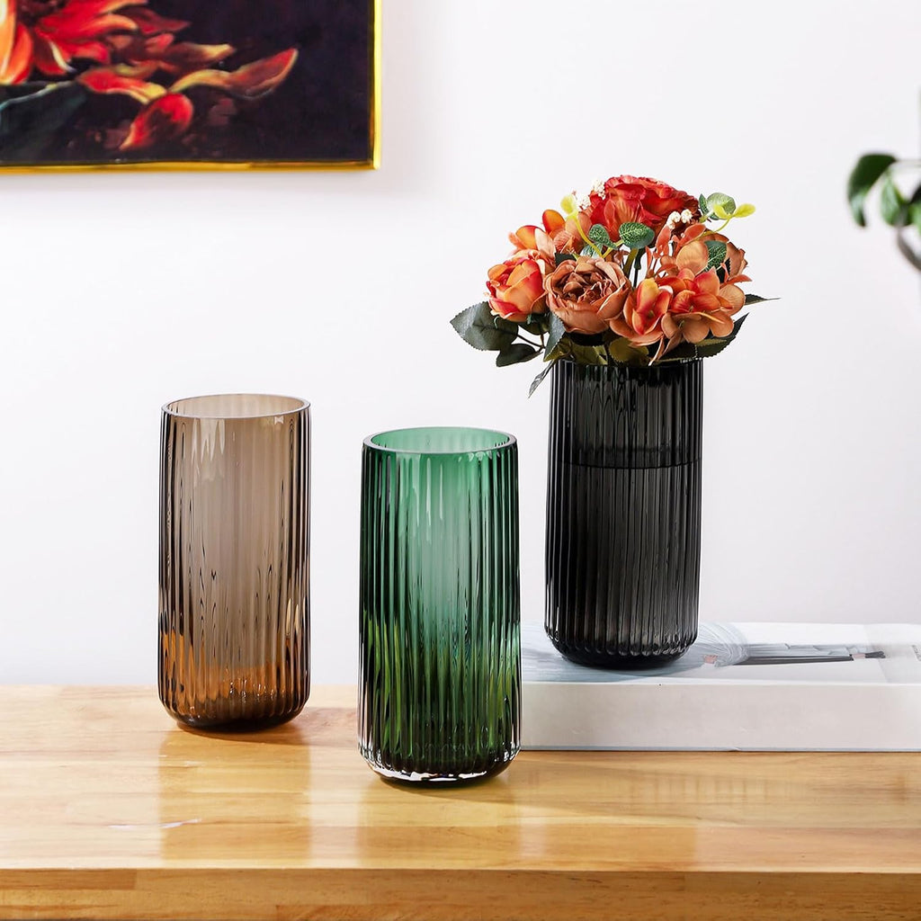 WHJY Cylindrical Brown Glass Vase, Vintage Flower Vase, Hand Blown Glass Vase, Decor for Dining Table Centerpiece Décor – 10 inches