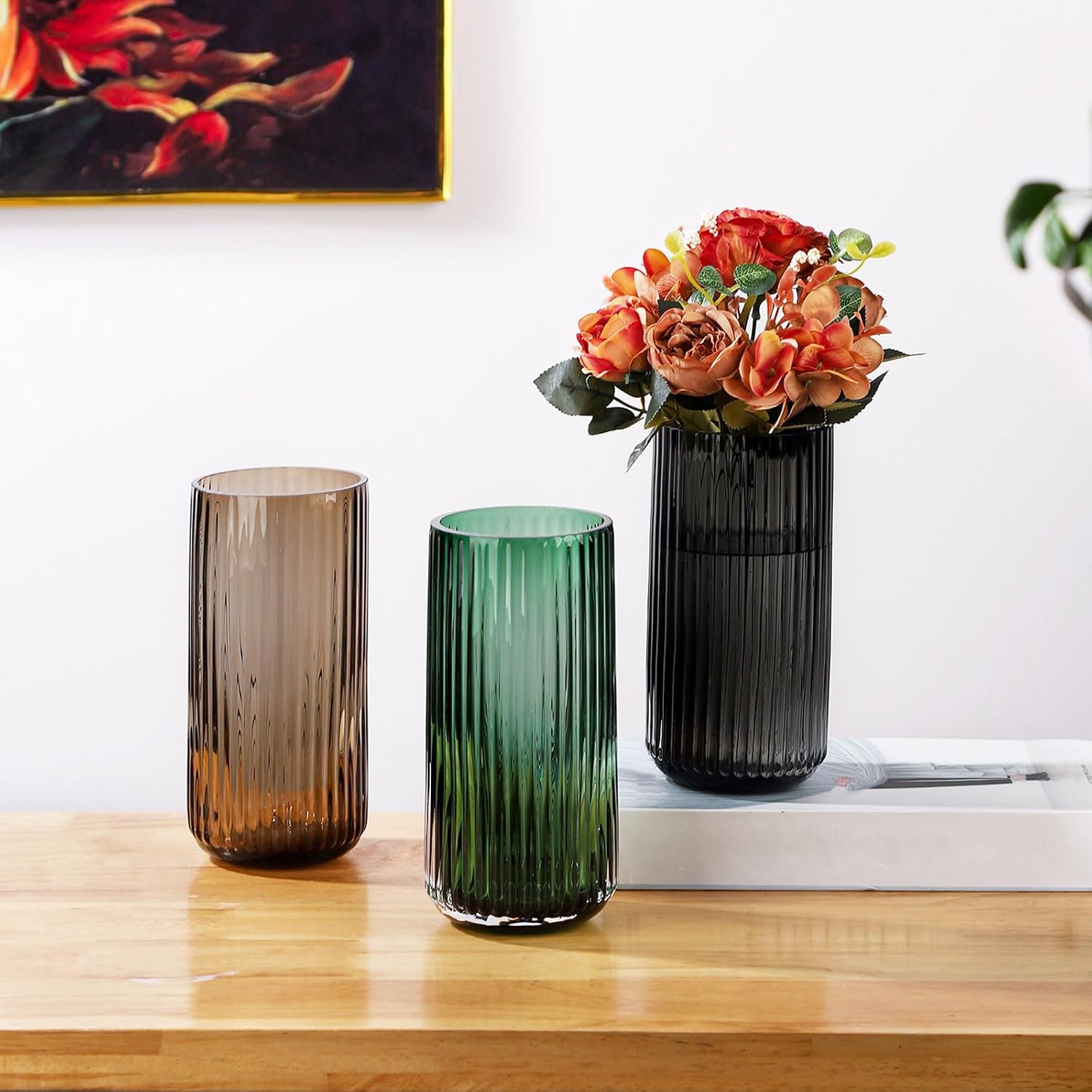 WHJY Cylindrical Brown Glass Vase, Vintage Flower Vase, Hand Blown Glass Vase, Decor for Dining Table Centerpiece Décor – 10 inches