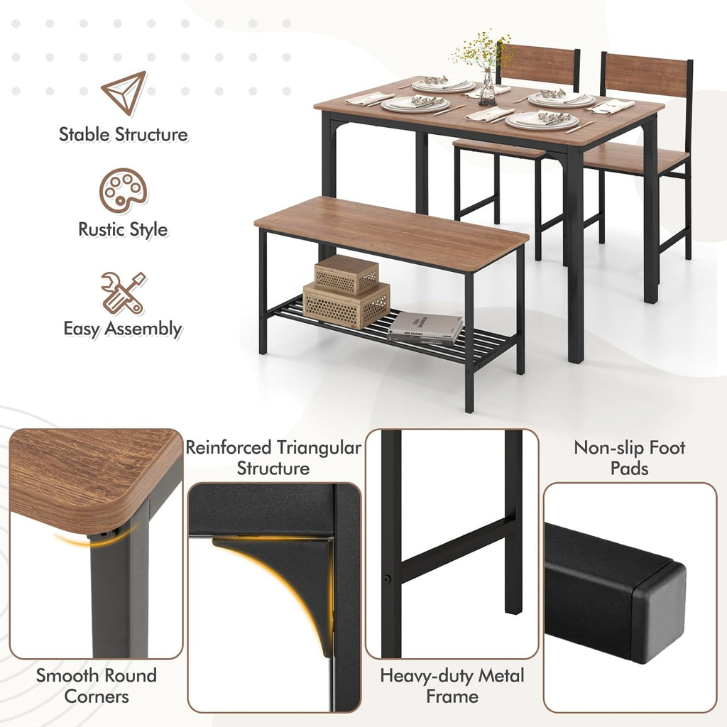 GOFLAME 4-Piece Dining Table Set for 4, Industrial Kitchen Table with 2 Chairs & Bench, Space Saving Breakfast Table Set with Storage Shelf and Metal Frame, Wooden Dinette for Dining Room, Walnut