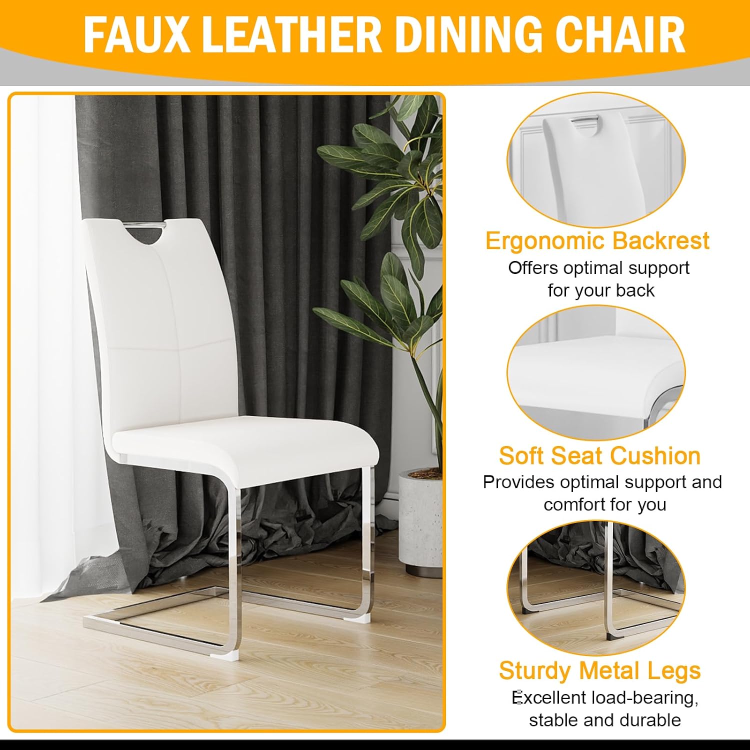 Modern Glass Dining Table Set for 6, 60" Glass Kitchen Table and Chairs Set of 6, Dining Room Table Set for 6 with Pu Leather Chairs, 7 Piece Dining Table Set for Small Space Apartment, White & Silver