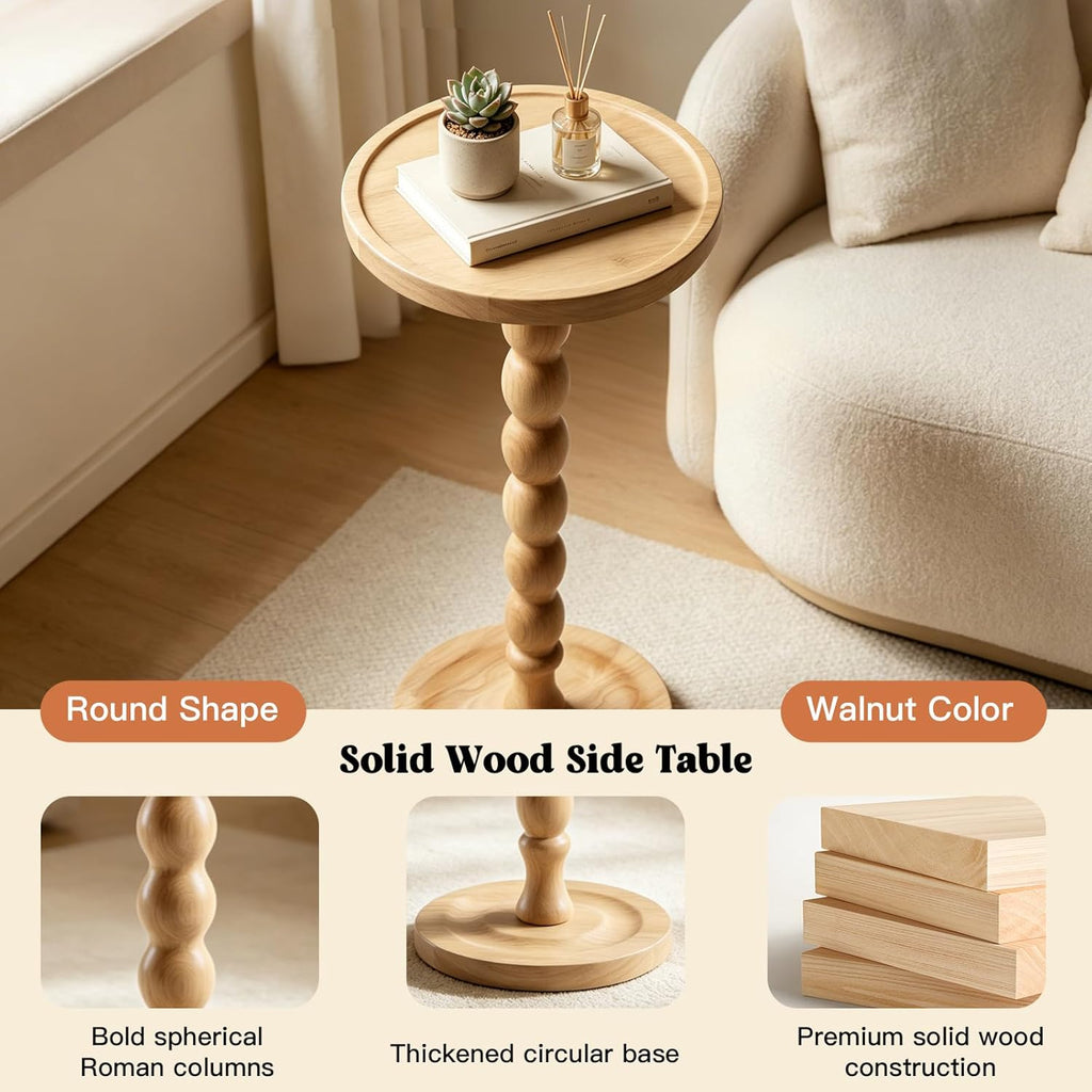 Round Side Table, Small End Table for Small Spaces with Solid Wood Leg, Accent Nightstand, Coffee Table for Living Room, Bedroom, Conference Room, Hallway, Home Office, Natural Wood Color