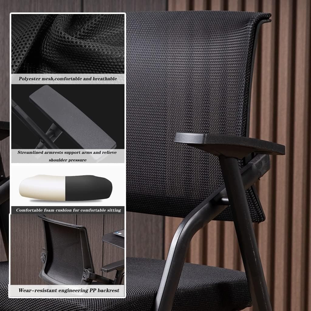 Black Folding Office Chair with Writing Pad Comfortable Armchair for Conference Room Staff Training
