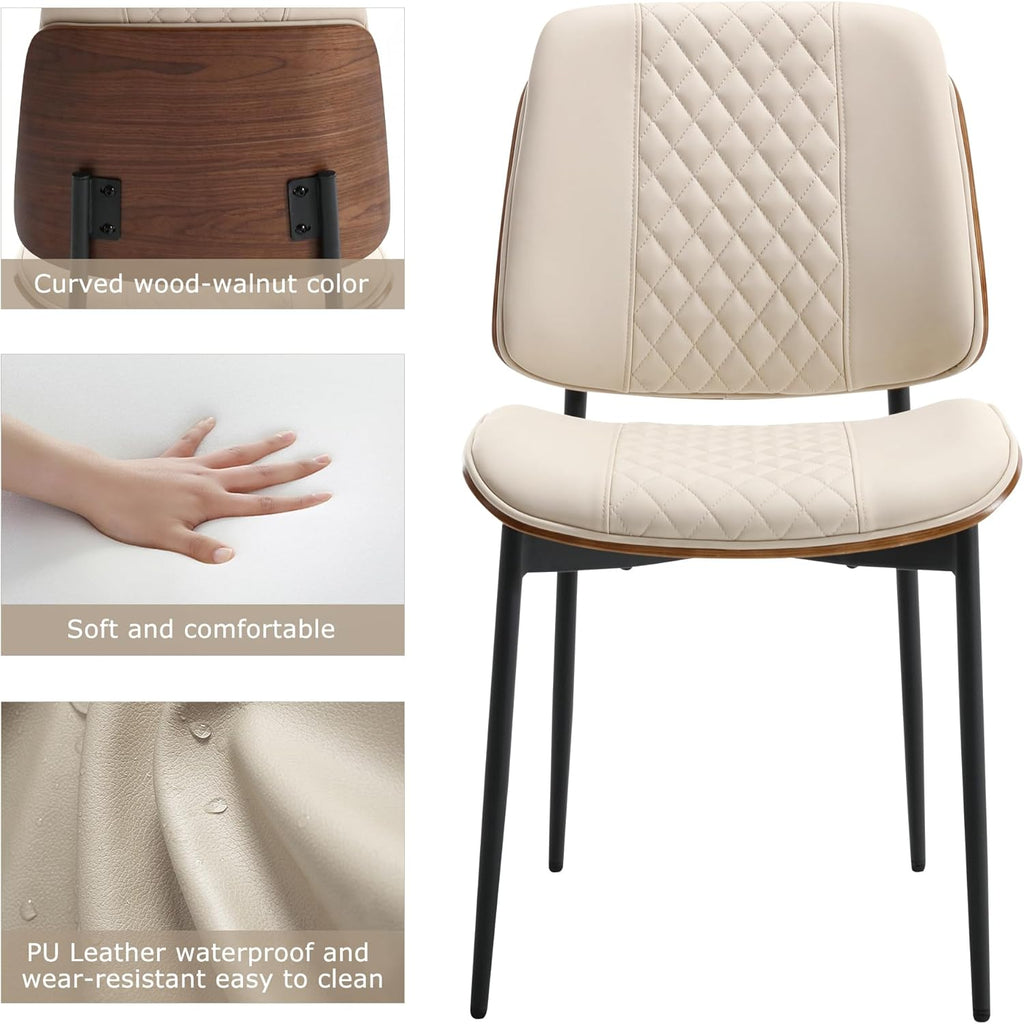 BV Dining Chairs Set of 4, Mid Century Modern Walnut Bentwood Side Chairs with PU Leather and Metal Legs, Retro Armless Accent Seating for Kitchen Dining Room (Beige)
