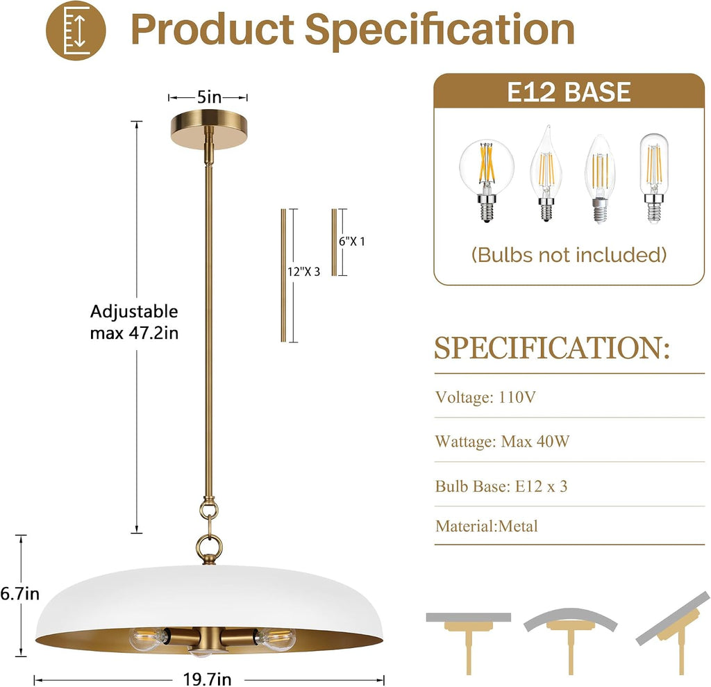 LamQee 20 Inch Oversized Large Pendant Lights, 3-Lights White and Gold Dome Chandelier, Mid Century Modern Metal Pendant Lighting Fixture Ceiling Hanging for Kitchen Island Dining Room Over Table Bar