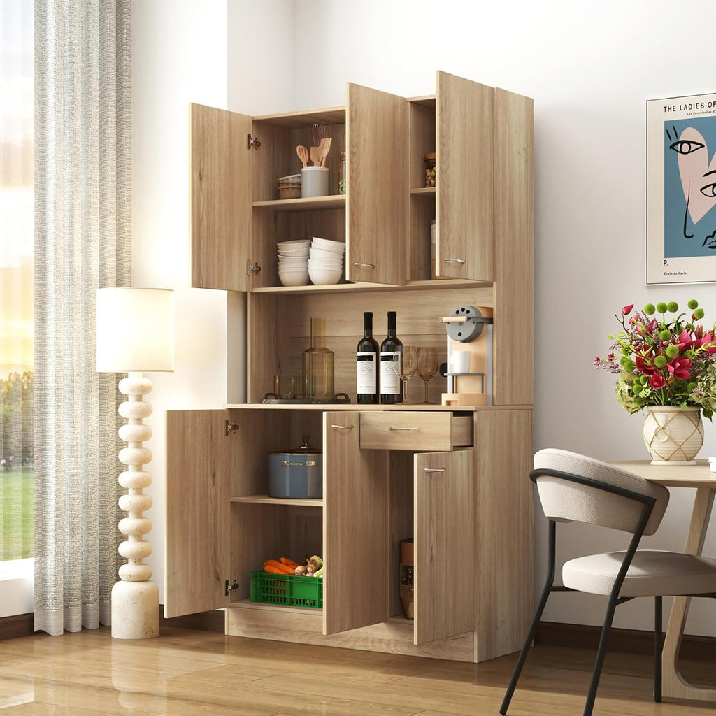 39.37" W Kitchen Pantry Cabinet, Freestanding Farmhouse Storage Cabinet with 6 Door and 1 Drawer, Tall Cupboard for Kitchen, Living Room, Dining Room and Bathroom, Rustic Oak