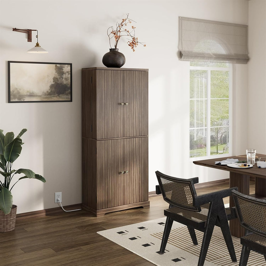 71" Tall Fluted Kitchen Pantry Cabinet, Modern Fluted Pantry Cabinet with Doors, Kitchen Pantrys Storage Cabinets with Drawer and Adjustable Shelves Doors for Dining Room, Living Room, Walnut