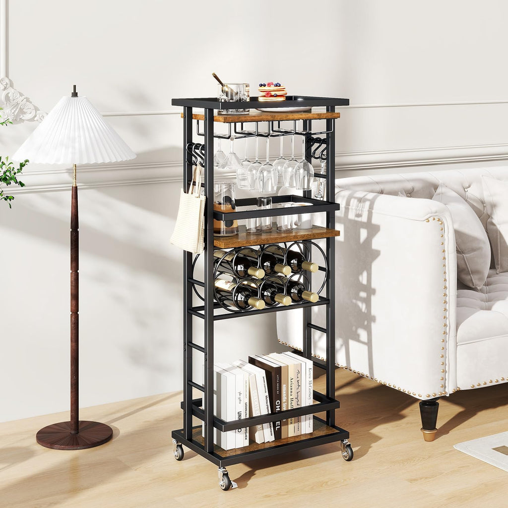 IBUYKE 4-Tier Wine Rack with Wheels,Bar Cart,Brown TMJ912H | Wine Car Cabinet Wine Rack Freestanding Floor Versatile Wine Bottle Display Shelf,Mini Bar for Home Living Room