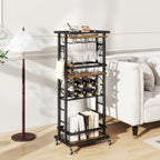 IBUYKE 4-Tier Wine Rack with Wheels,Bar Cart,Brown TMJ912H | Wine Car Cabinet Wine Rack Freestanding Floor Versatile Wine Bottle Display Shelf,Mini Bar for Home Living Room