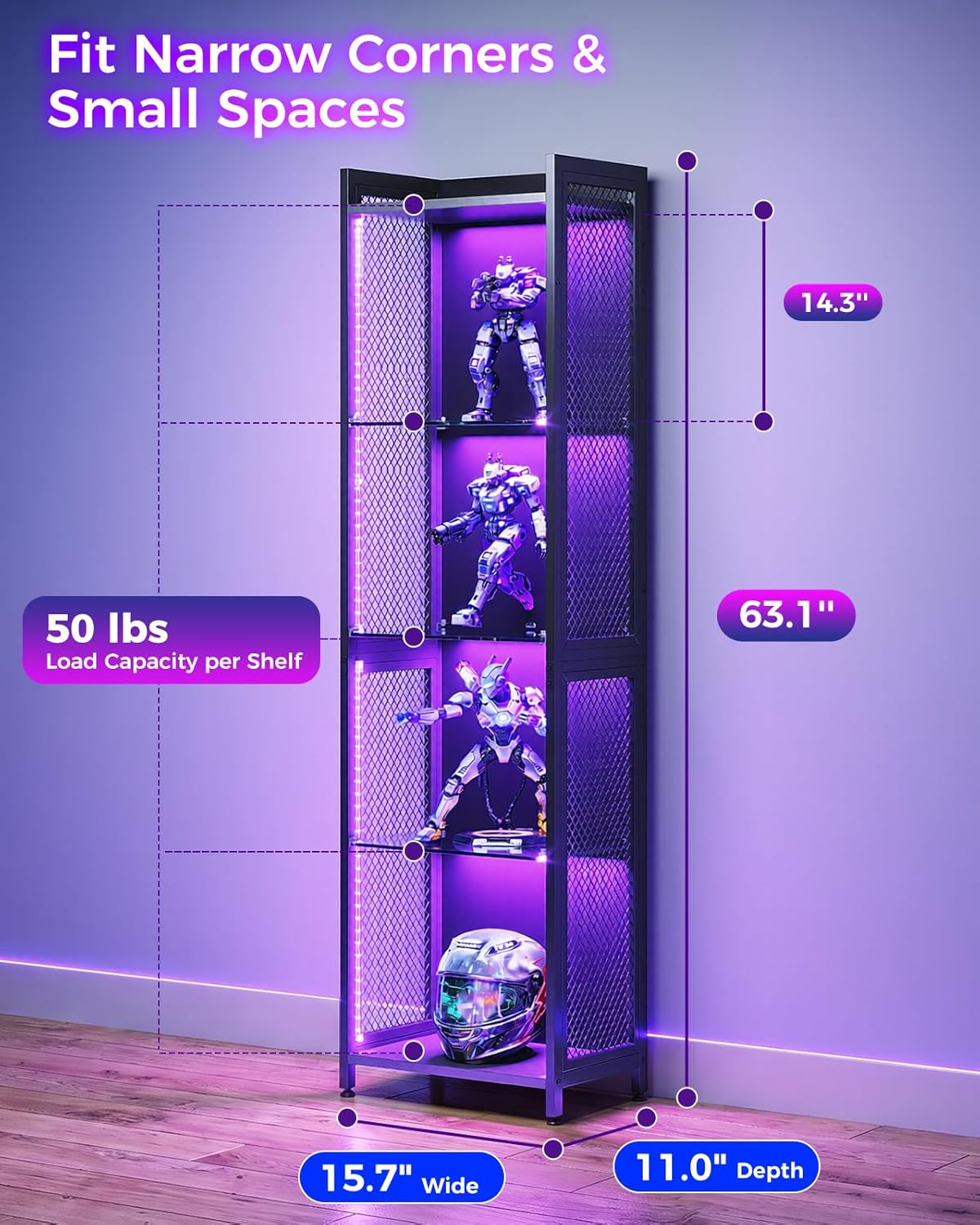AODK Display Case with LED Lights, Display Cabinet with Open Glass Shelves for Small Space, 4-Tier Corner Display Shelf with Industrial Mesh, Curio Cabinet for Collectibles, Bookcase