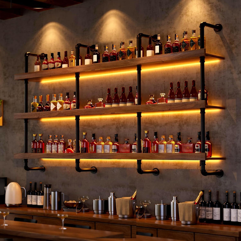 Large Wine Rack with LED Light Solid Wood Wall Mounted Wine Rack, 3-Tiers Liquor Bottles Floating Shelves Display Storage Organizer for Home Bar & Dining Room (80cm/31.4in)