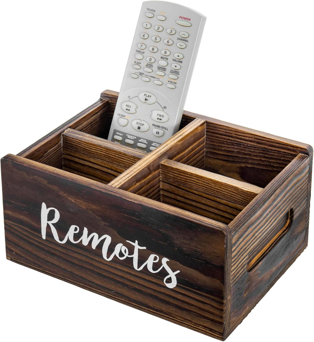 MyGift Wood Remote Control Holder Organizer with 4 Compartments, Tabletop Media TV Remote Caddy Storage with Cursive REMOTES Design (Rustic Burnt)