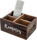 MyGift Wood Remote Control Holder Organizer with 4 Compartments, Tabletop Media TV Remote Caddy Storage with Cursive REMOTES Design (Rustic Burnt)