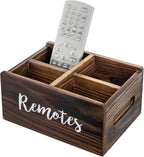 MyGift Wood Remote Control Holder Organizer with 4 Compartments, Tabletop Media TV Remote Caddy Storage with Cursive REMOTES Design (Rustic Burnt)