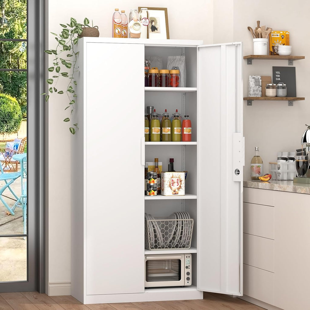 GREATMEET Metal Garage Storage Cabinet with 2 Doors and Shelves - 72" x 34" x 18" Steel Lockable File Cabinet, White Locking Tool Cabinets for Office Home Garage Gym School