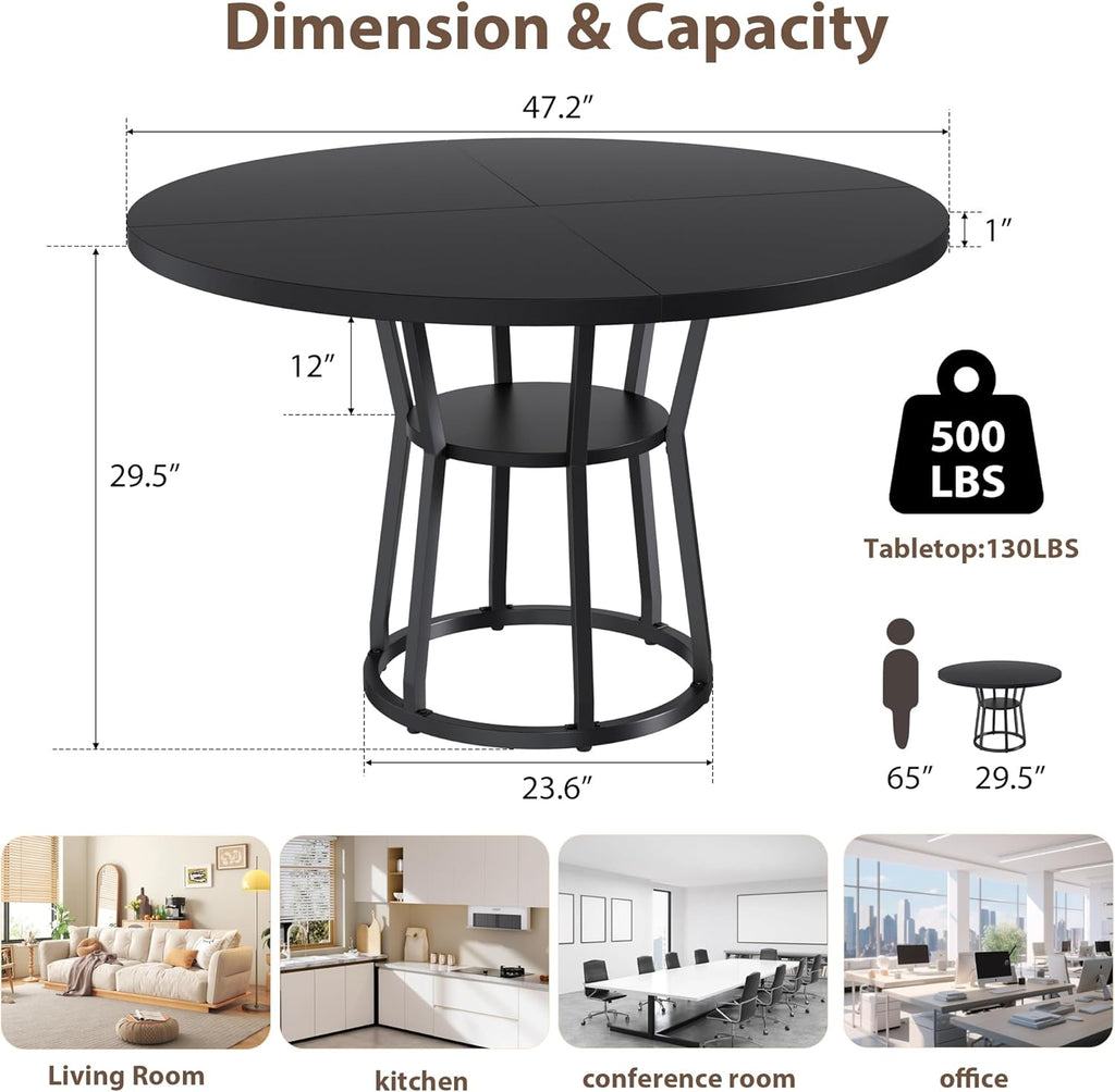 Garvee Round Dining Table for 4-6, 47.2 in Farmhouse Kitchen Table with Storage, Circle Dinner Tables for Kitchen, Dining Room, Living Room, Meeting Room, Apartment, Black