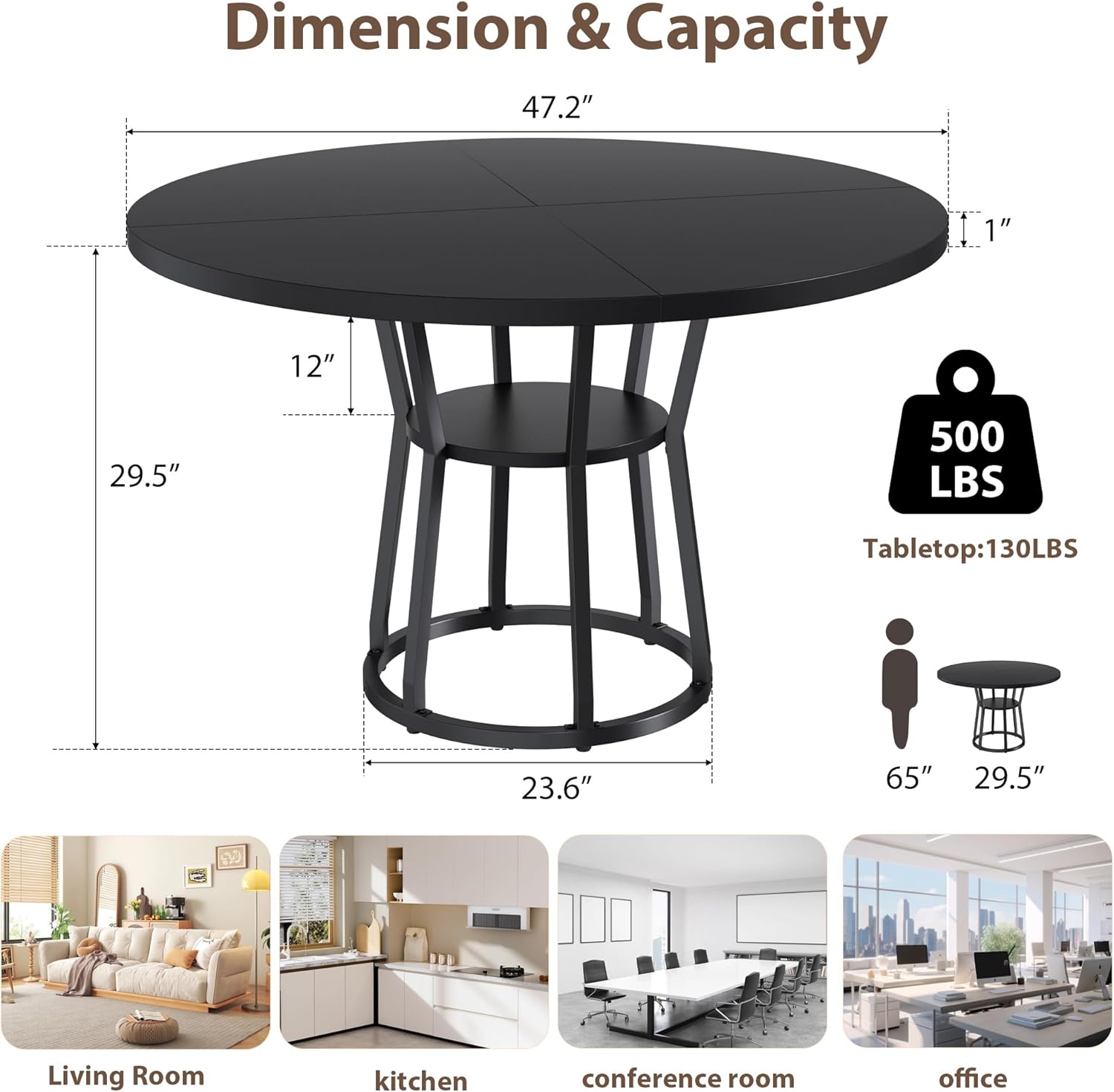 Garvee Round Dining Table for 4-6, 47.2 in Farmhouse Kitchen Table with Storage, Circle Dinner Tables for Kitchen, Dining Room, Living Room, Meeting Room, Apartment, Black