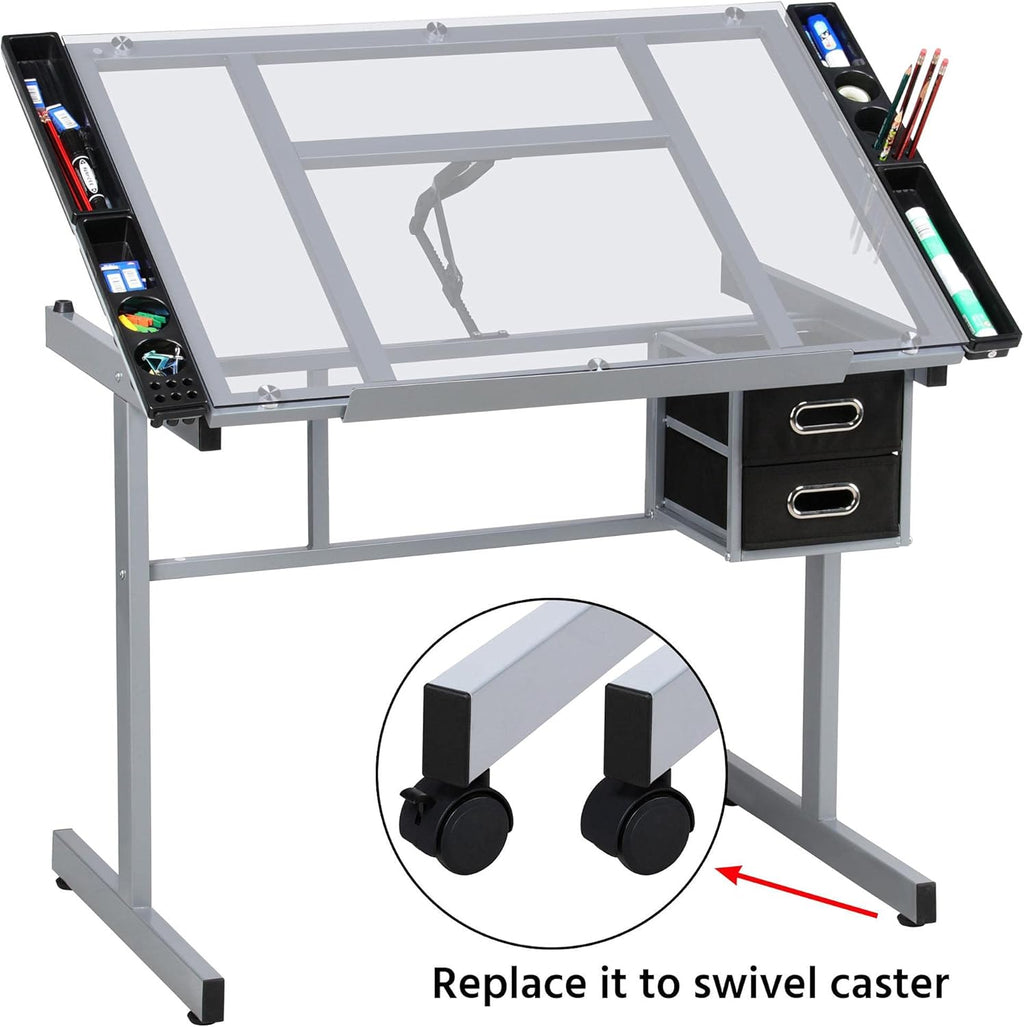 Yaheetech Drawing Desk Adjustable Glass Drafting Study Table for Diamond/Versatile Art Craft Station w/ 2 Slide Rolling Wheels and Drawers for Artist Painters Home Office