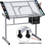 Yaheetech Drawing Desk Adjustable Glass Drafting Study Table for Diamond/Versatile Art Craft Station w/ 2 Slide Rolling Wheels and Drawers for Artist Painters Home Office