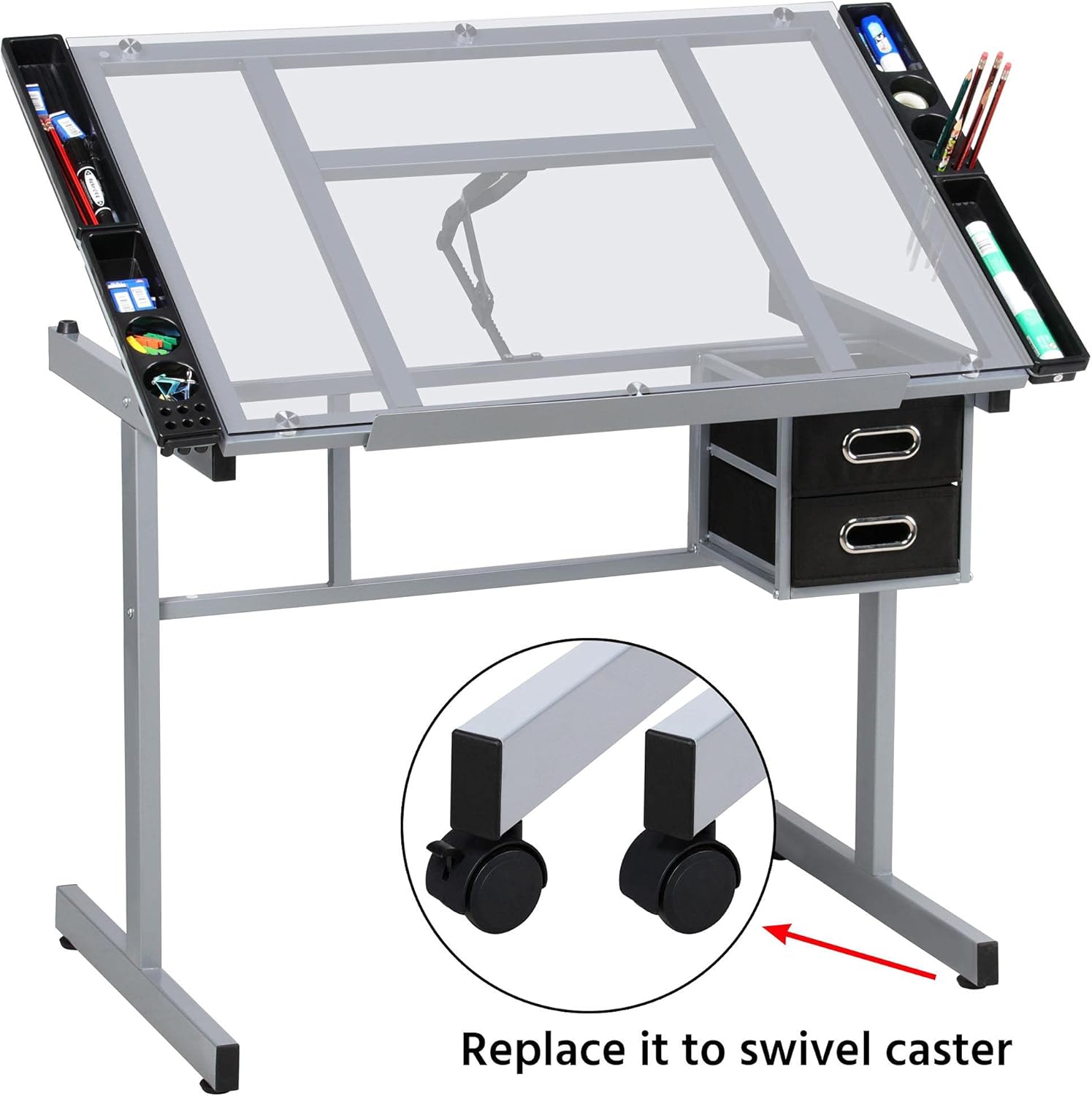 Yaheetech Drawing Desk Adjustable Glass Drafting Study Table for Diamond/Versatile Art Craft Station w/ 2 Slide Rolling Wheels and Drawers for Artist Painters Home Office