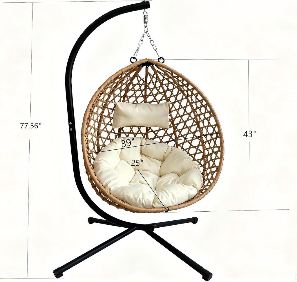 Foldable Hanging Egg Chair with Stand, 350 Lbs Capacity HDPE Rattan Swing Chair with Cushion for Indoor Outdoor Patio Bedroom Balcony(Beige+Yellow)