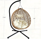 Foldable Hanging Egg Chair with Stand, 350 Lbs Capacity HDPE Rattan Swing Chair with Cushion for Indoor Outdoor Patio Bedroom Balcony(Beige+Yellow)