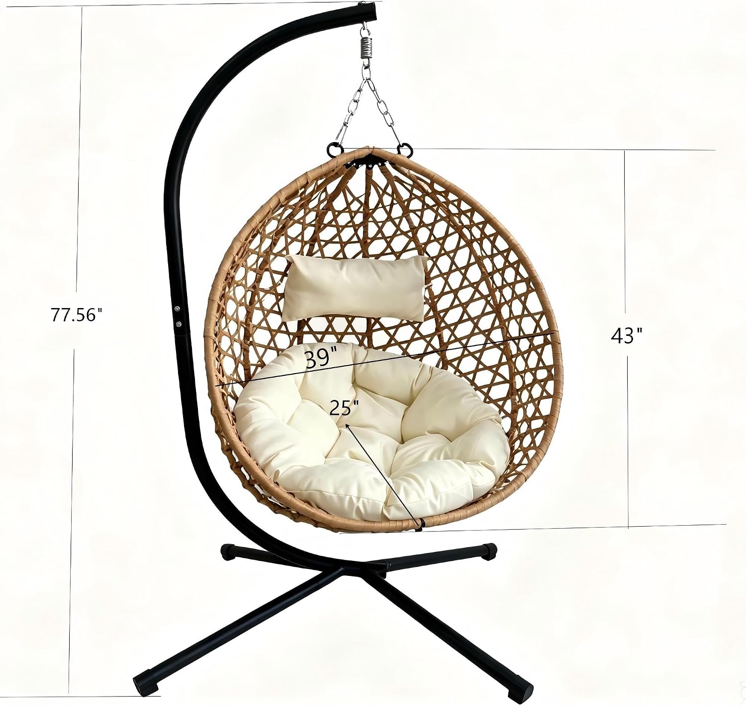 Foldable Hanging Egg Chair with Stand, 350 Lbs Capacity HDPE Rattan Swing Chair with Cushion for Indoor Outdoor Patio Bedroom Balcony(Beige+Yellow)