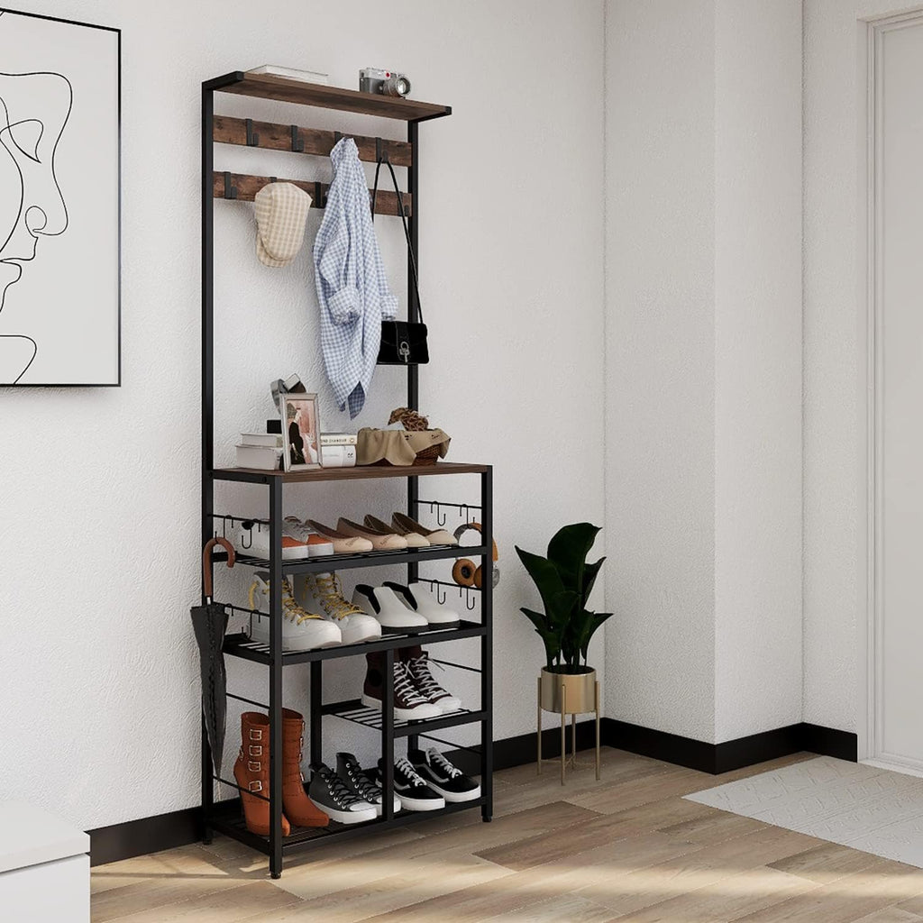GiftGo Vintage Large 5-Tier Hall Tree with Console Table Entryway Coat Rack Floor Standing Shoes Rack Storage Shelf Organizer for Home Office Bedroom (Rustic Brown)