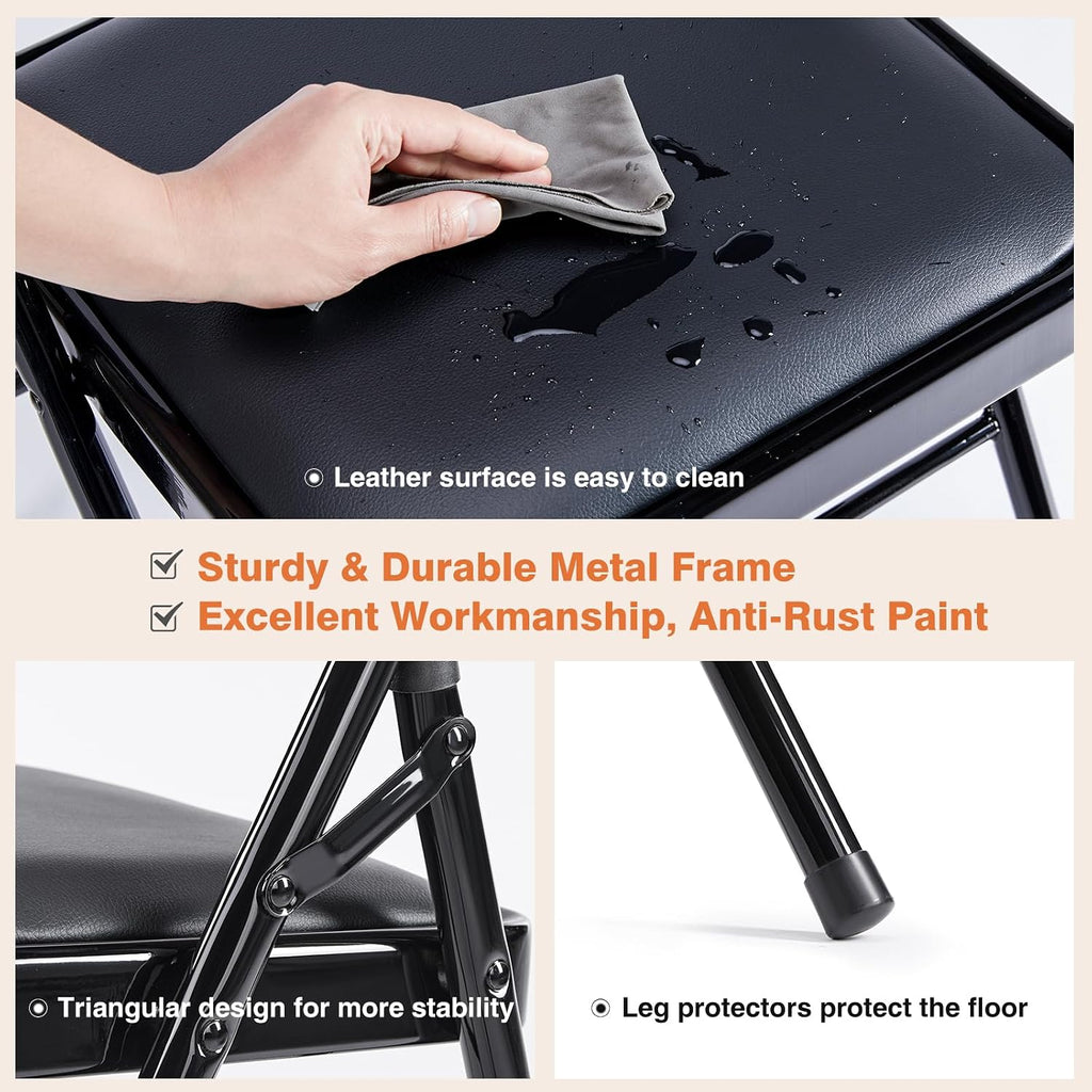 Sweetcrispy Folding Chair 2 Pack, Leather Padded Foldable Chairs, Sturdy Metal Portable Chairs, Easy to Use and Store, Outdoor and Indoor, for Home, Office, Party, Garden, Black
