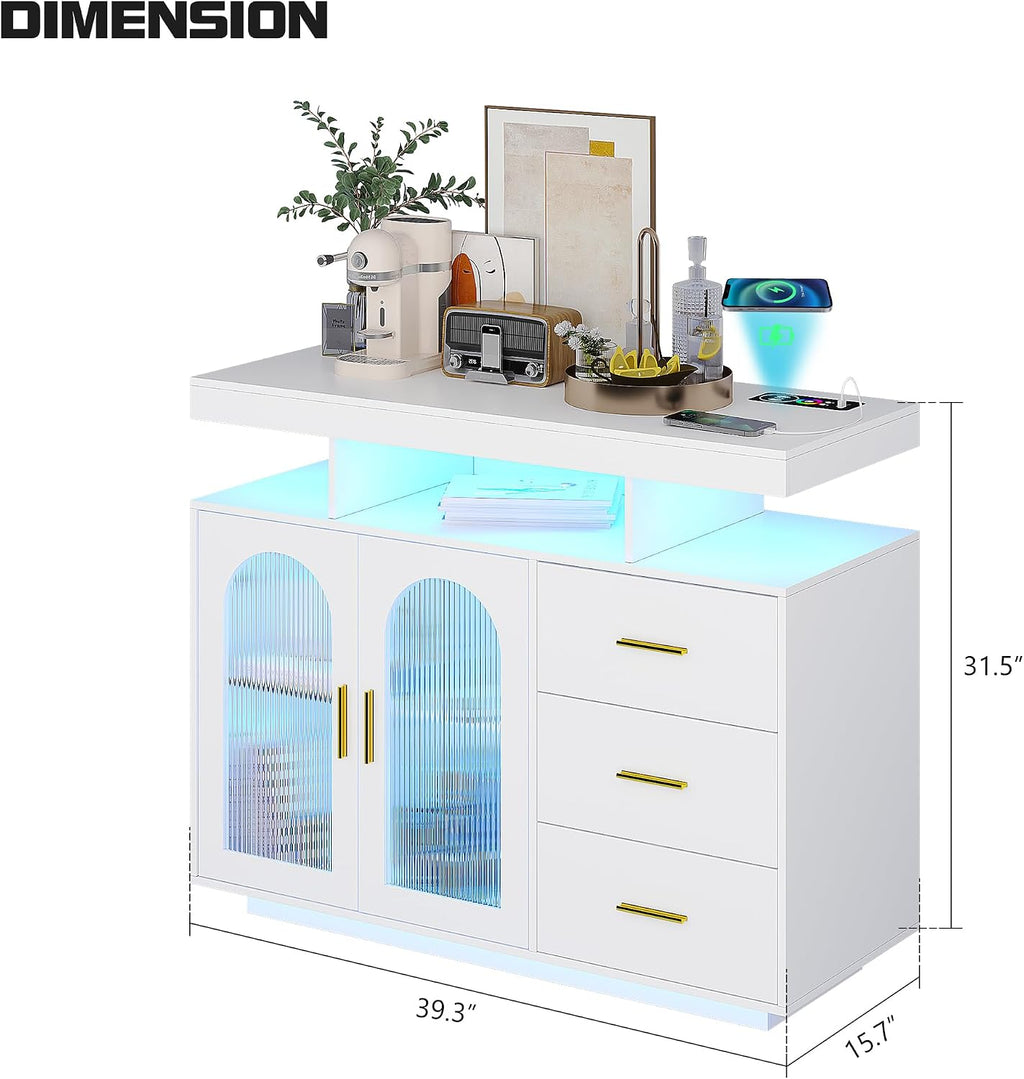 Gurexl 40" LED Buffet Cabinet with Wireless Charging Station,Auto Sensor RGB 20-Color Dimmable Sideboard with Human Body Induction,Sideboards Cabinet with 1 USB&Type-C Port and 3 Drawers