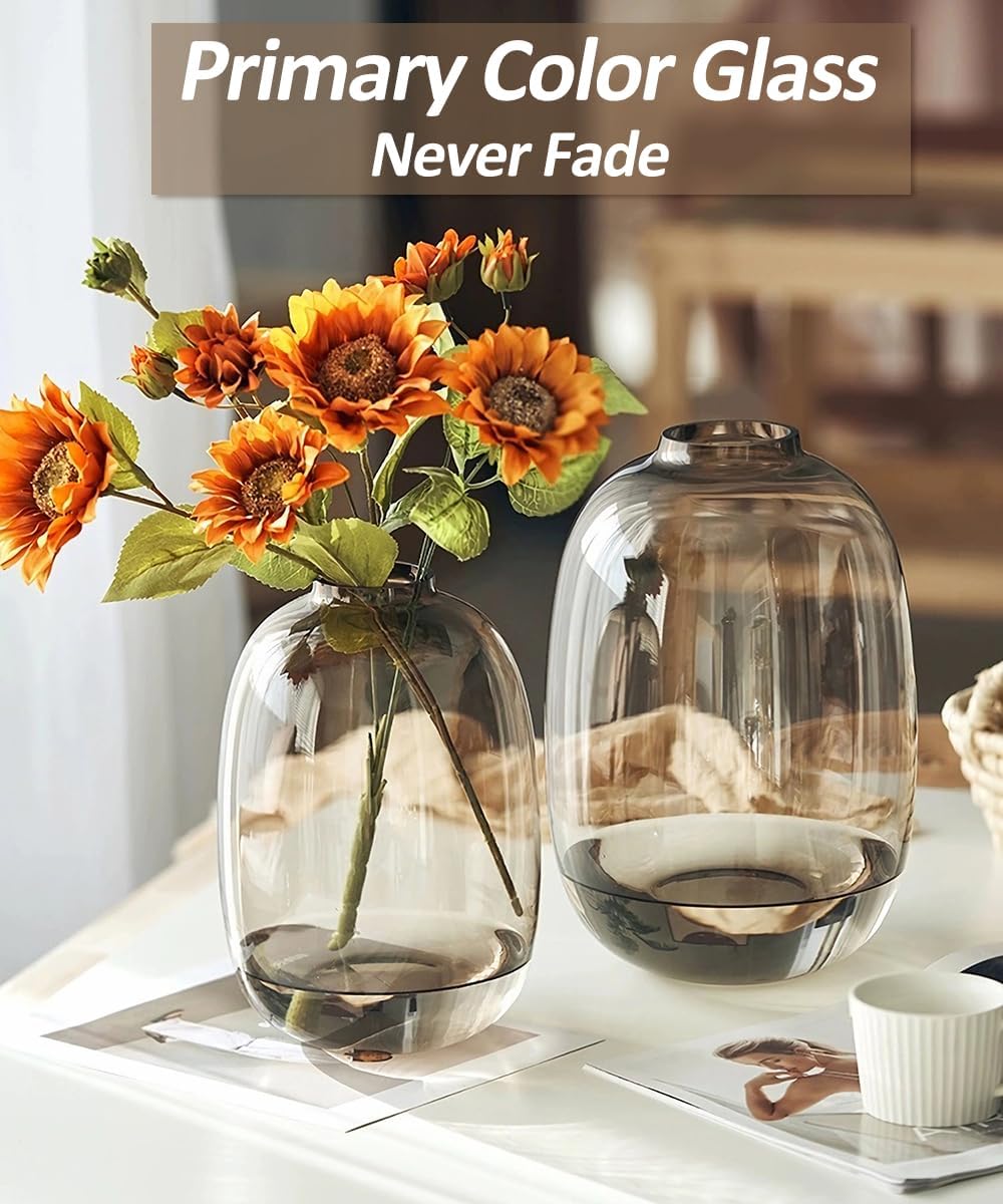 GeLive Brown Glass Vase Round Clear Colored Flower Vase for Centerpiece Long Stem Branch Fresh Artificial Plant Bottle Modern Home Indoor Decoration (Brown)