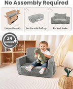 TinyPalsa Foldable Toddler Couch with Soft Sherpa Cover, 2-in-1 Comfy Toddler Sofa & Lounger for 3+ Years Old Girls Boys, Kids Chair with Pockets & Handle for Reading, Playroom (Grey)
