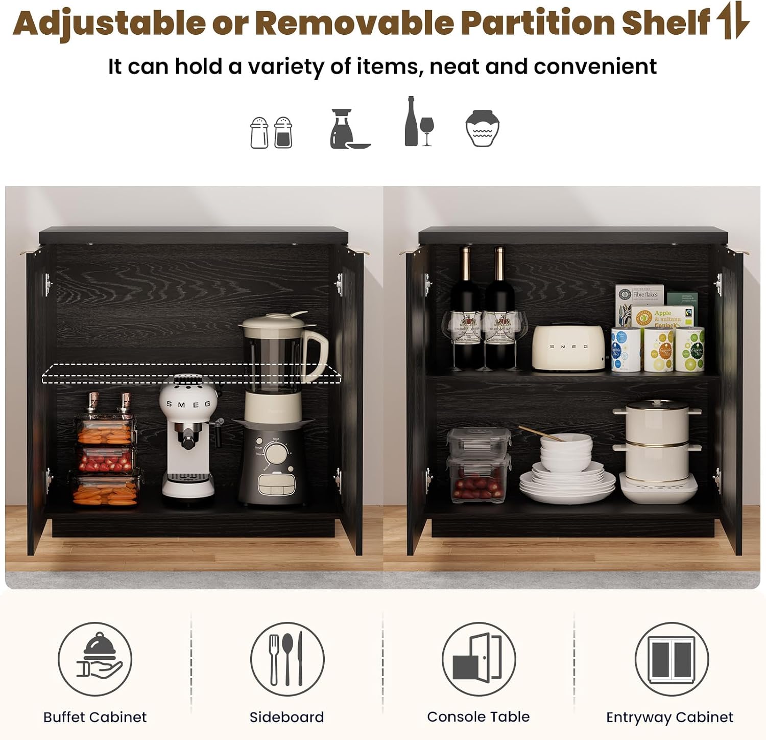 HOMMPA 31.5'' Sideboard Buffet Cabinet with Storage Boho Kitchen Buffet Cabinet with 2 Doors and Adjustable Shelves, Rattan Wood Coffee Bar Cabinets/Table for Living Room, Hallway & Kitchen Black