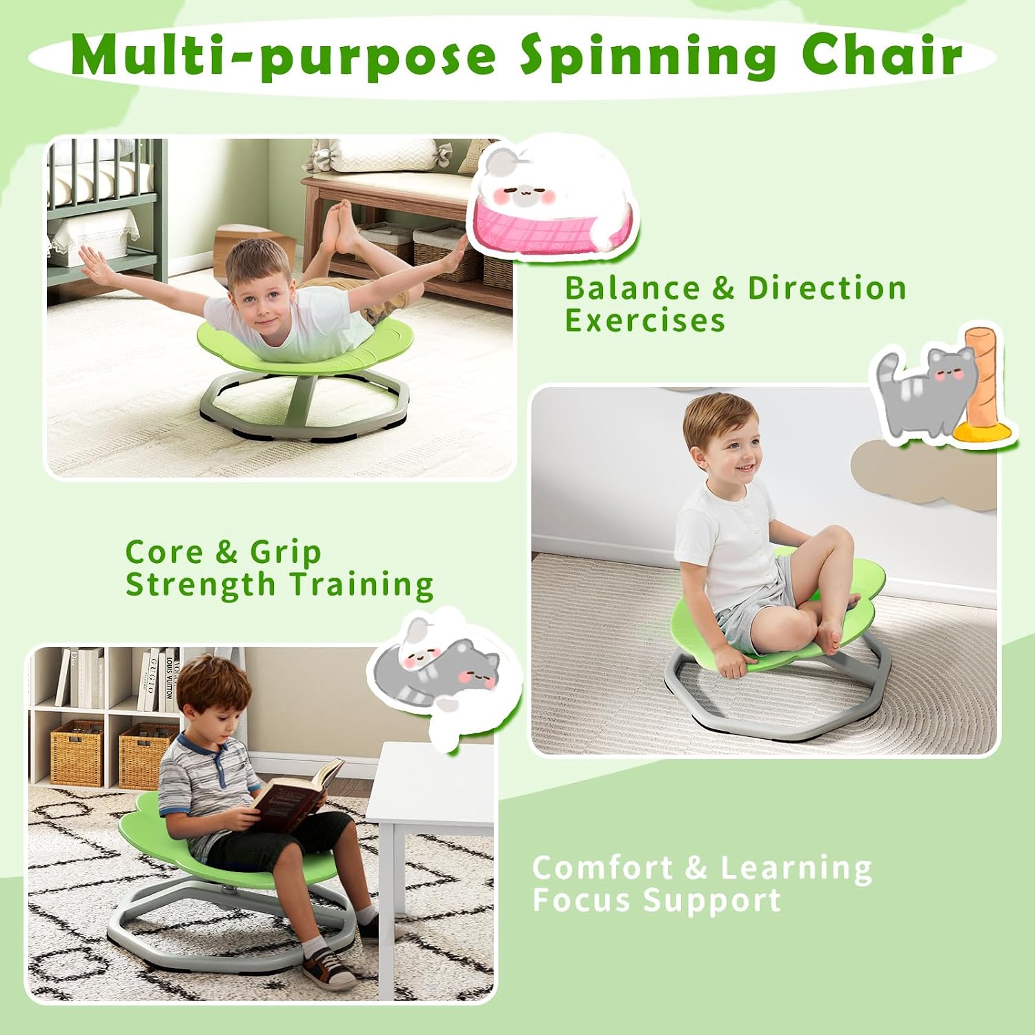 Costzon Sensory Chair, 360° Sit & Swivel Autistic Children Sensory Toy w/Non-Slip Metal Base for Training Body Coordination and Indoor Outdoor Use, Spinning Chair for Autistic Kids (Green,Cat Paw)