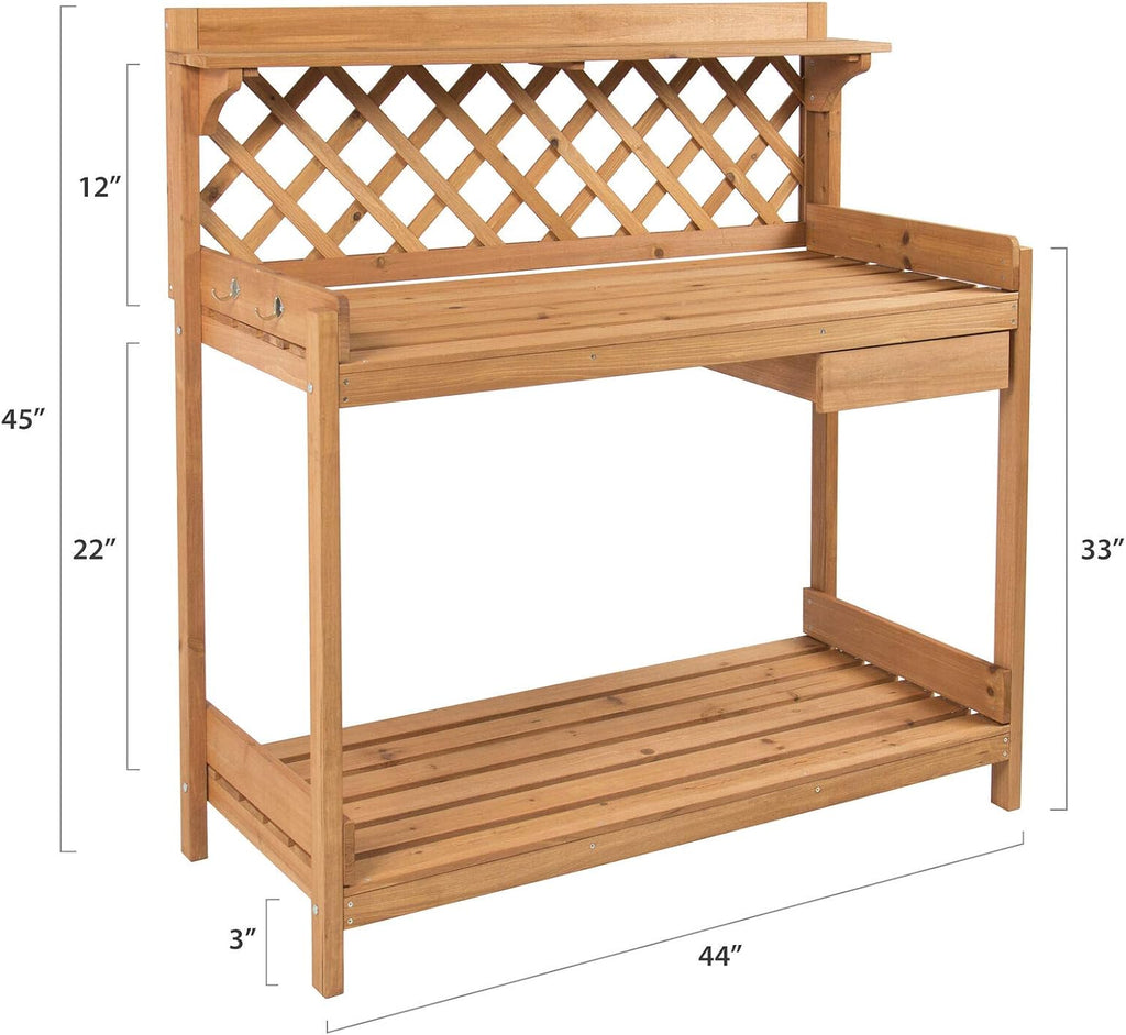 Garden Potting Bench with Lower Shelf Upper Shelf Spacious Tabletop and A Cabinet for Storing Gardening Equipment and Tools Comfortable Workstation Table Perfect for DIY Painting and Personalization