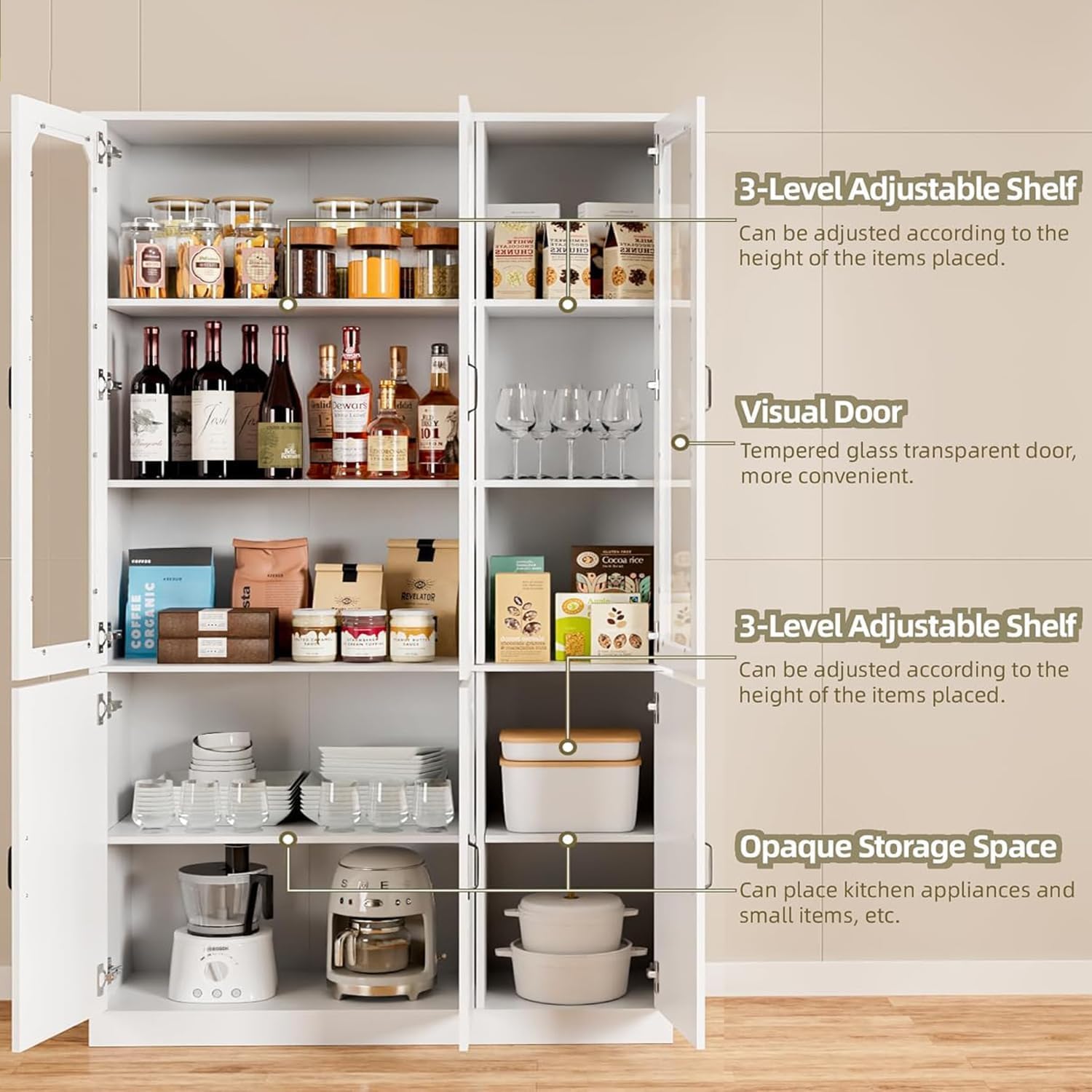 White Kitchen Pantry Cabinet, 78.7" Tall China Cabinet with Glass Doors and Adjustable Shelves, Wooden Display Cabinet for Dining, Living Room, White