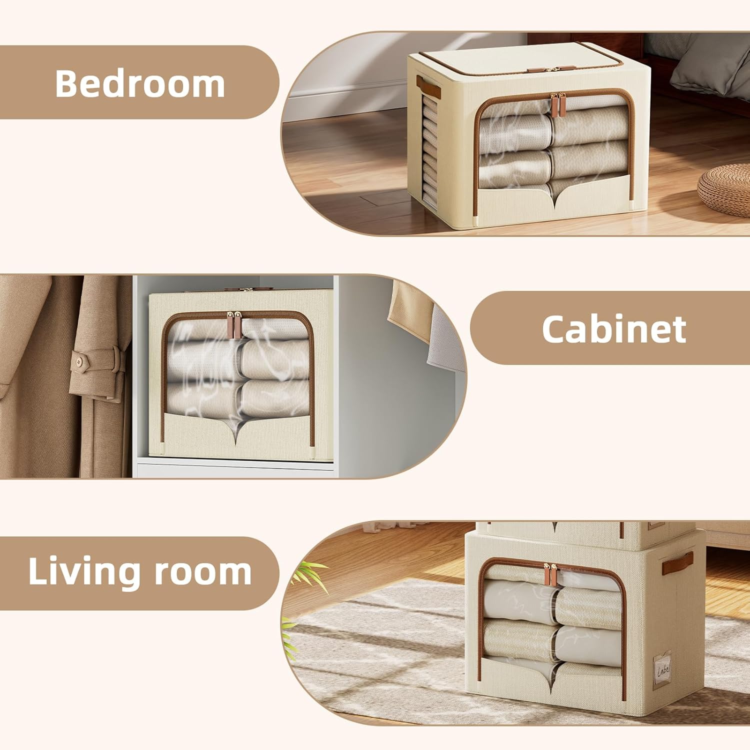 FHSQX 6 Pack Clothes Storage Bins - Foldable Storage Bins for Clothes Fabric Storage Box with Metal Frame (Beige, 16.5x12.2x12.2 inch)