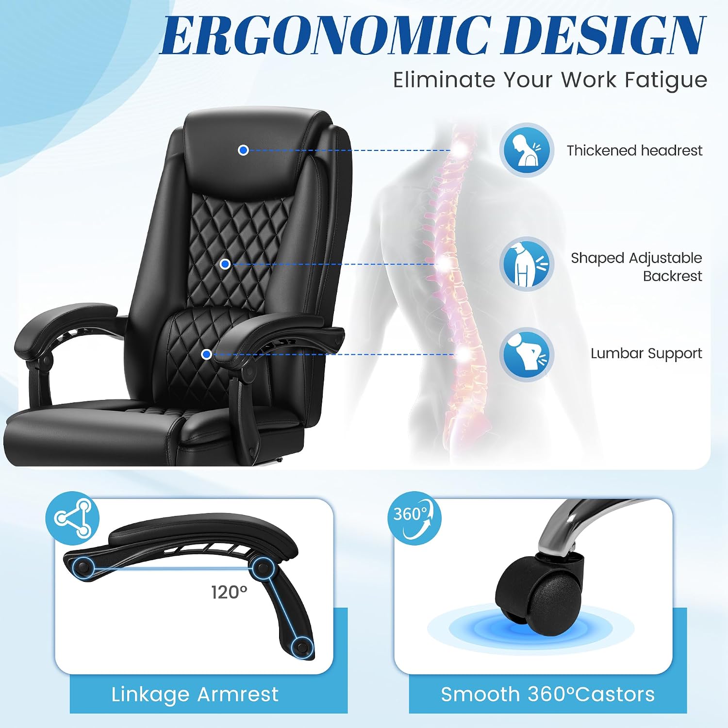 Furmax Office Chair with Footrest Ergonomic High Back Design Executive Computer Desk Chair400lbs, 90-135° Reclining Leather Home Office Desk Chairs Swivel Task Chairs with Wheels(Black)