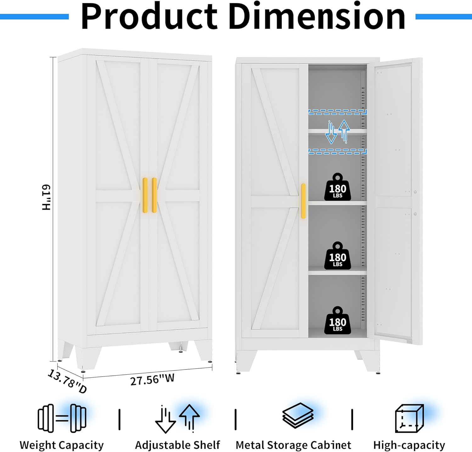 61" Tall Pantry Cabinet, White Metal Pantry Storage Cabinet, Kitchen Pantry Storage Cabinets with 2 Door and 3 Adjustable Shelves (White, 61" Modern)