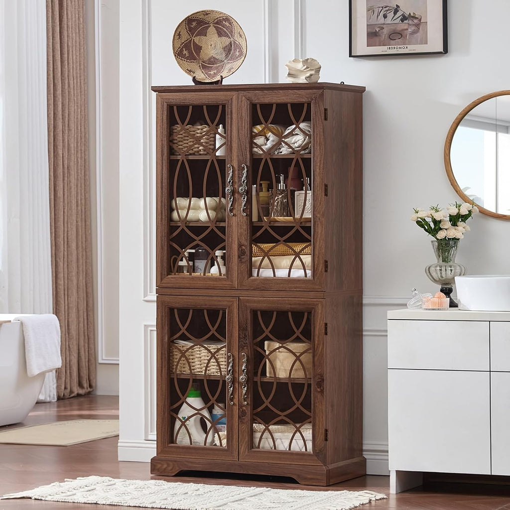 Joaxswe 67" Tall Pantry Cabinet Set of 2, Vintage Kitchen Pantries Cabinets with Glass Doors & Adjustable Shelves, Wood Cupboard with Large Storage for Dining Room, Bathroom, Brown