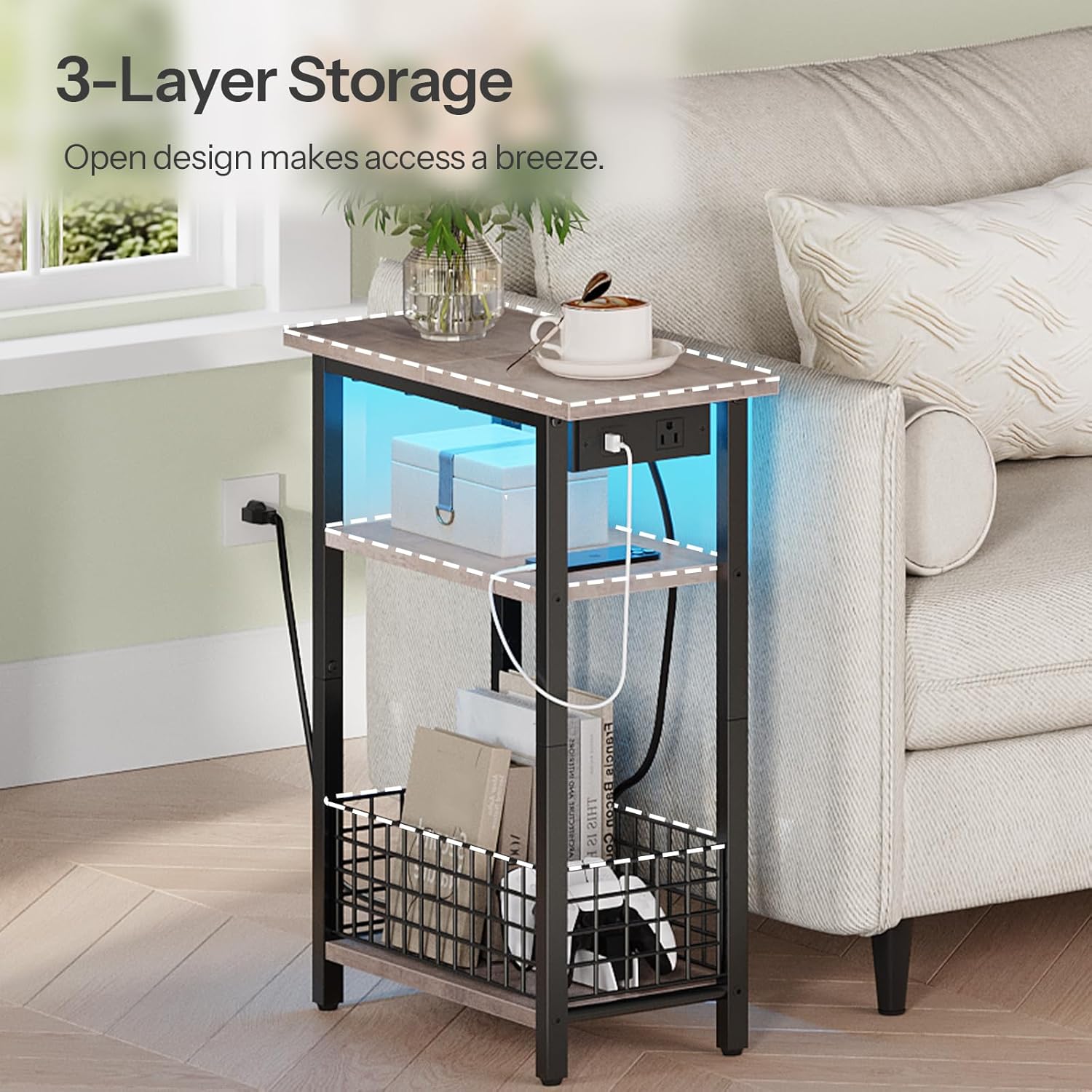 HOOBRO Narrow Side Table with Charging Station and LED Light, Small End Table with Storage, Skinny Nightstand with USB Port, Slim Bedside Table for Small Spaces, Living Room, Greige BG242UDBZ01