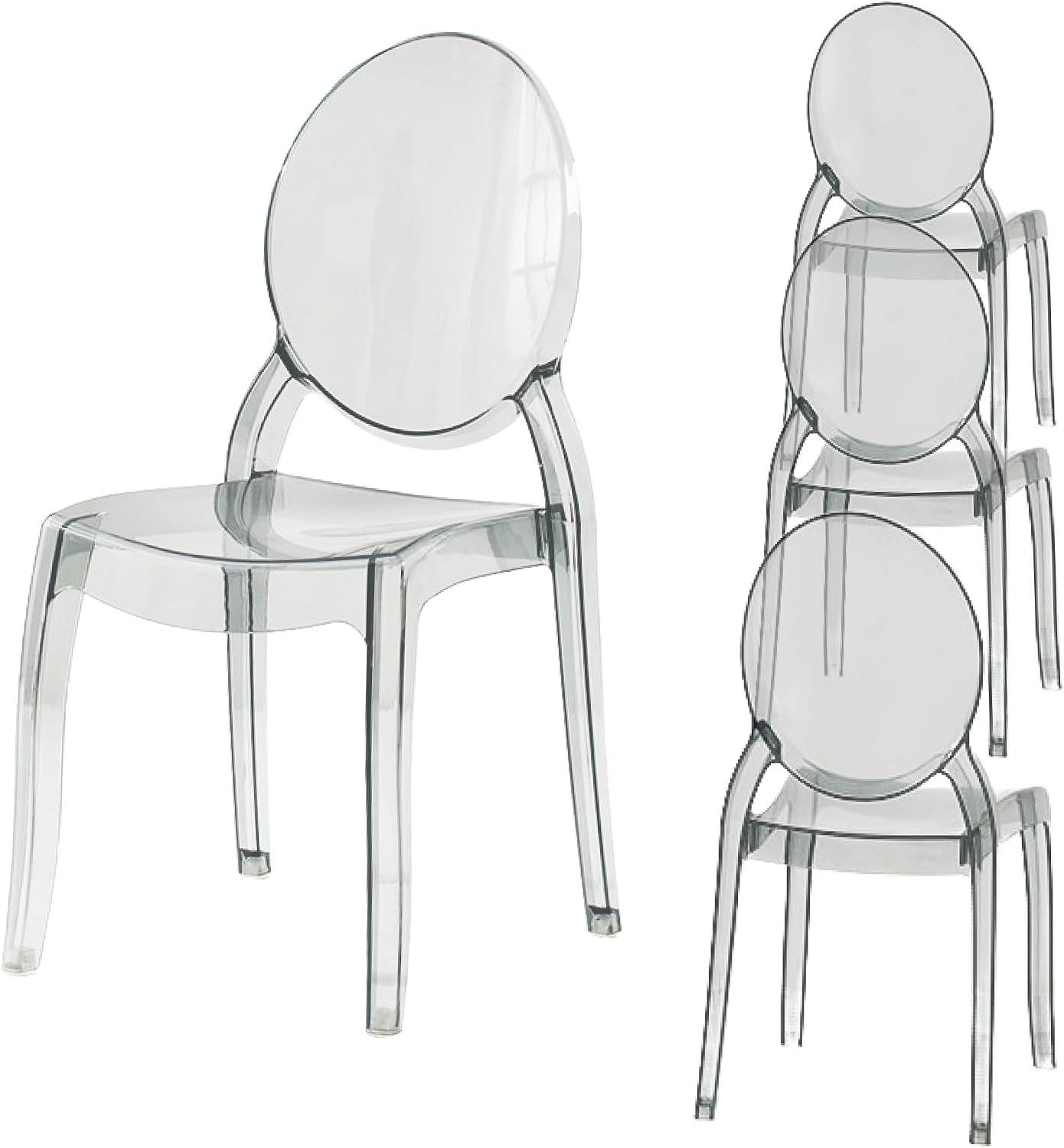 Fohfurniture Large 20" Seat Ghost Chairs Set of 4, Modern Acrylic Accent Dining Chairs, Kitchen and Restaurant Chairs, Circle-Back Armless Stackable Chair for Events, Weddings, Banquets Smoke Grey
