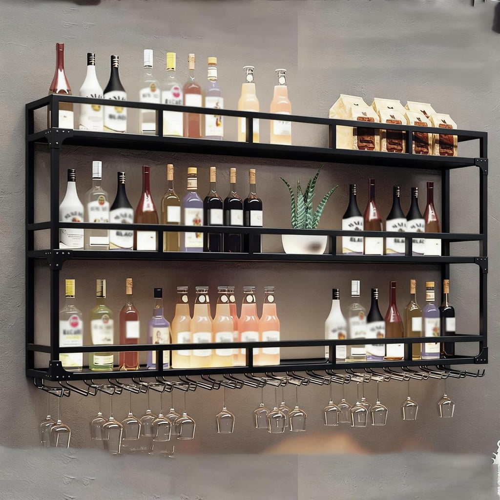 71in Wall Mounted Wine Rack, Wine Rack Wall Mounted with Wine Glass Rack, Metal Bottle Display Shelf Wine Cups Hanging Holder, for Home Bar Cafe Dining Room Decoration (A-BLACK, 70.8 * 10 * 35.5IN)