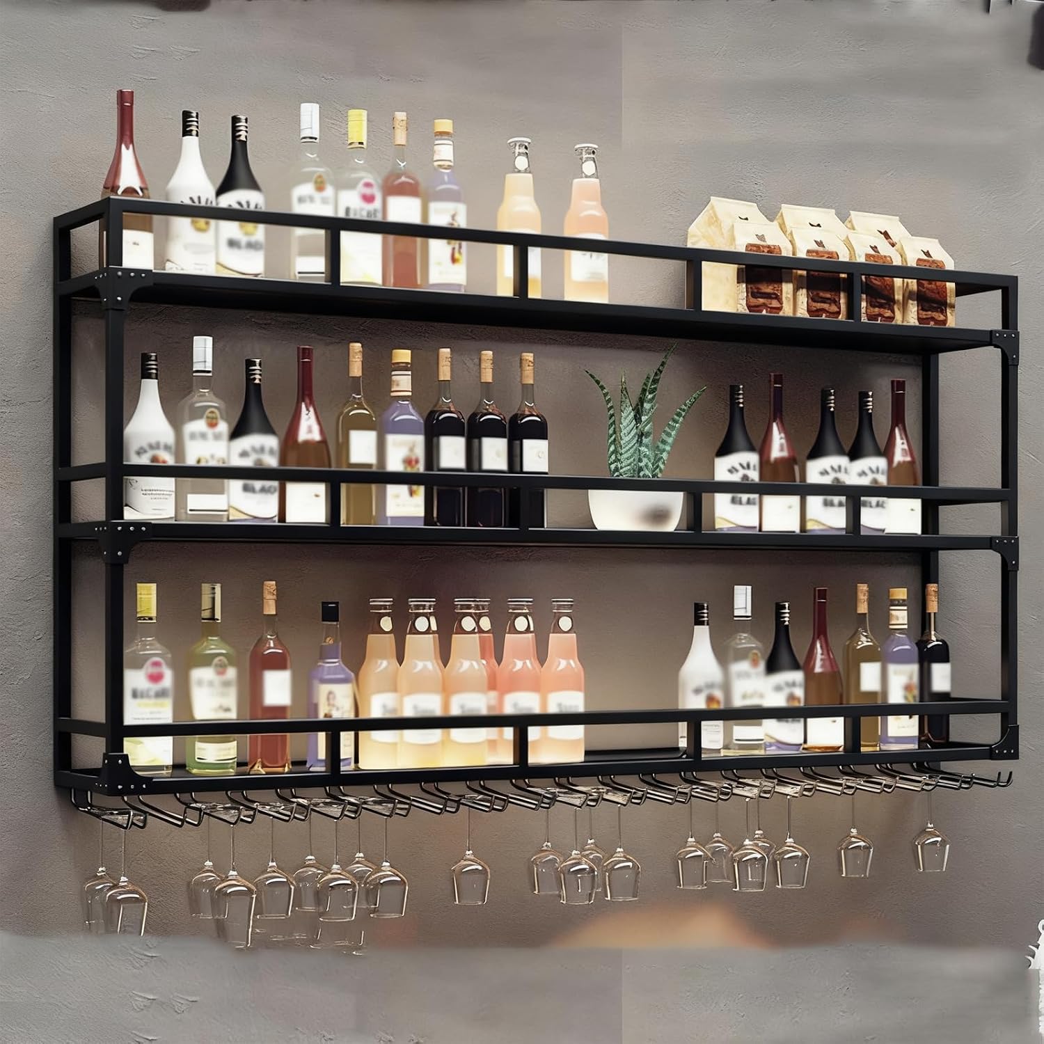 71in Wall Mounted Wine Rack, Wine Rack Wall Mounted with Wine Glass Rack, Metal Bottle Display Shelf Wine Cups Hanging Holder, for Home Bar Cafe Dining Room Decoration (A-BLACK, 70.8 * 10 * 35.5IN)