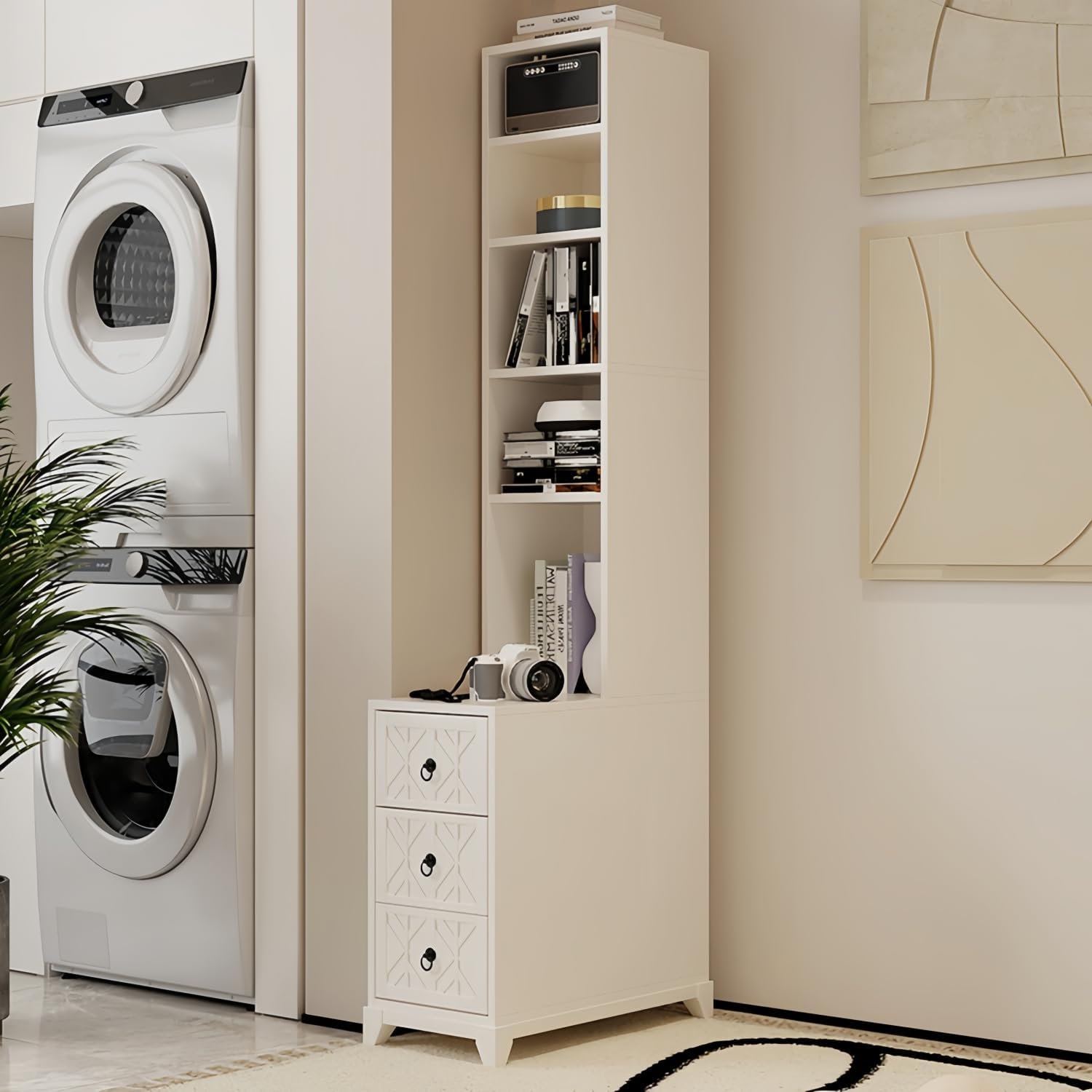 Kavie Wood Narrow Tall End Tables, Nightstand with Open Shelf & 3 Drawers, Adjustable Storage Bookcase for Living Room, Bedroom Corner (White,11.8" L*23.6" W*70.8" H)