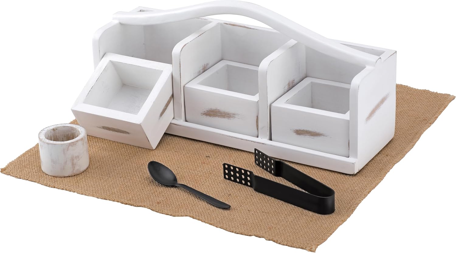 Wooden Tea Bag Organizer | Farmhouse Finish | 3-Compartment Storage | Countertop | Accessories: Tea Bag Squeezer, Natural Jute Placemat, Tea Spoon, Wooden Napkin Ring
