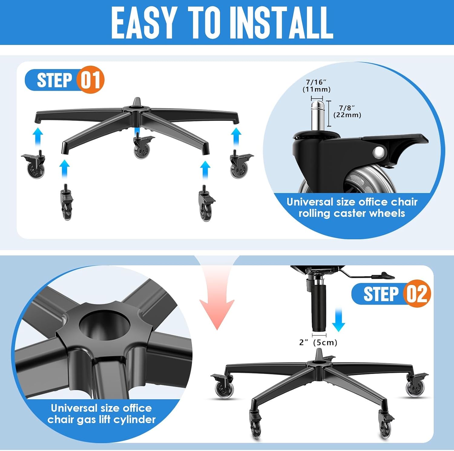 Office Chair Base, Office Chair Base Replacement, 3300 lbs, Metal Desk Chair Base Replacement Parts, Universal Gas Cylinder and Caster Socket