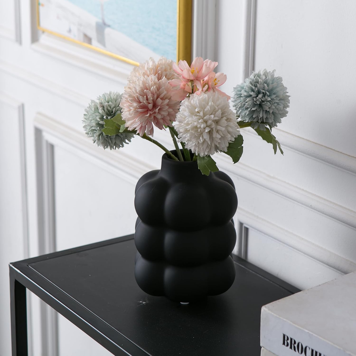 Mowtanco Black Ceramic Vase - Small Spherical Flower Vase for Centerpiece, Three Floors Design for Modern Home Decor, Boho Decorative Vase - 6.7" Tall
